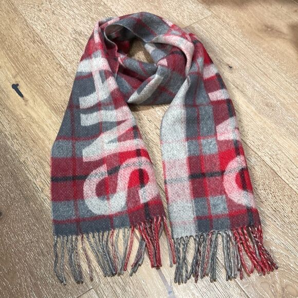 Calvin Klein red and gray plaid logo print wool cashmere scarf new with tags - Picture 7 of 7
